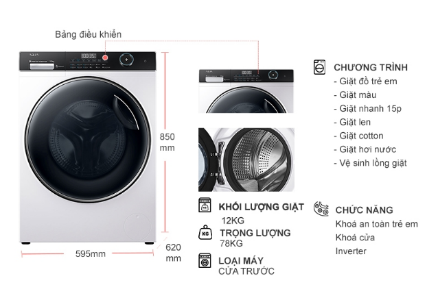 Máy giặt lồng ngang Aqua 12kg DD INVERTER AW12-B4959U1K(W) Mới 100% Giá Rẻ Nhất Hà Nội