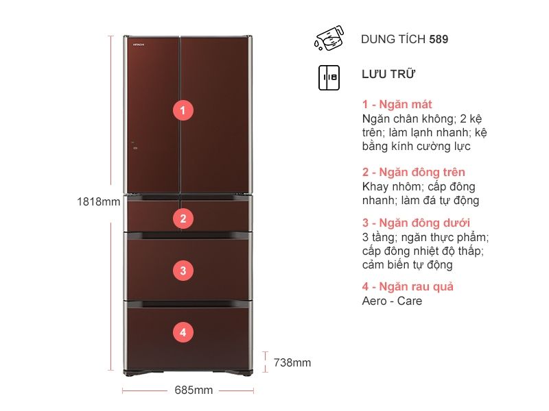 Tủ Lạnh Hitachi 589 lít Inverter R-G570GV-XT