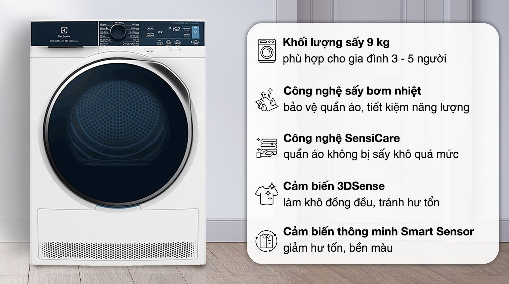Máy sấy bơm nhiệt Electrolux UltimateCare 9 kg EDH903R9WB Mới 100%