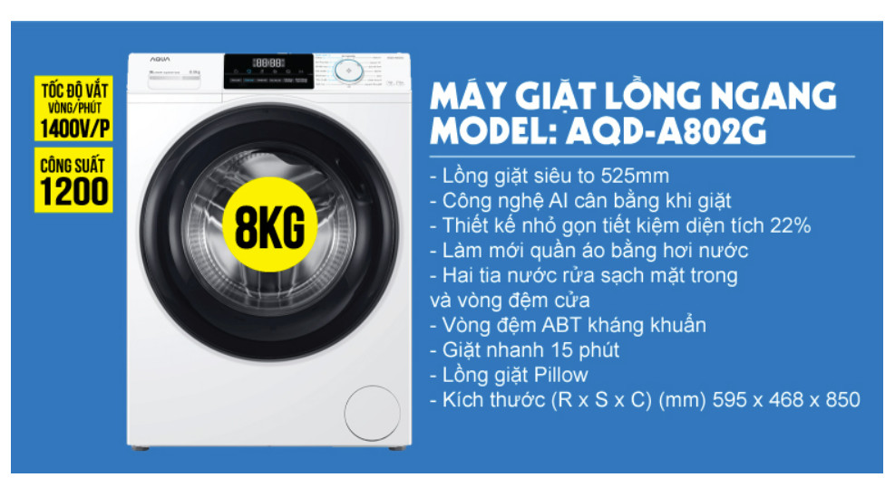 Máy giặt Aqua AQD-A802GW  Inverter 8 kg