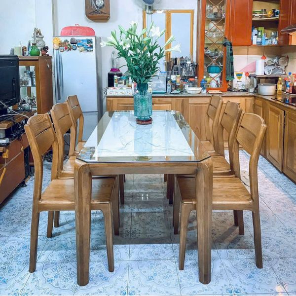 Bàn Ăn 6 Ghế Gỗ Sồi Mặt Đá GS05
