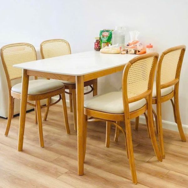 Bộ Bàn Ăn Gỗ Sồi 6 Ghế Thonet Tựa Mây