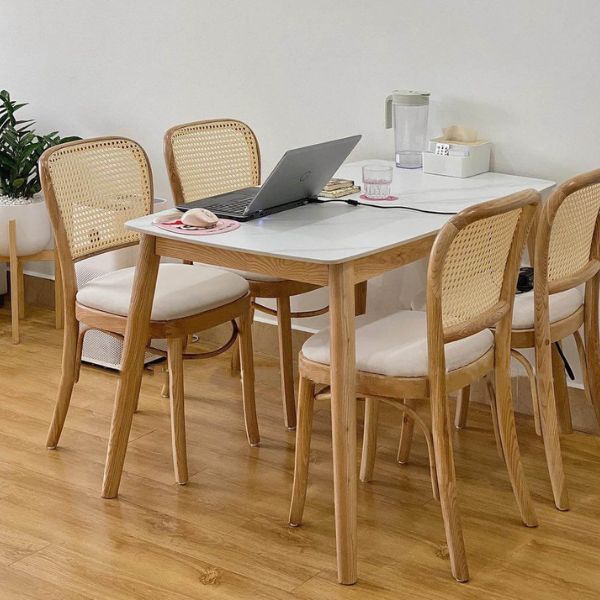 Bộ Bàn Ăn Gỗ Sồi 6 Ghế Thonet Tựa Mây