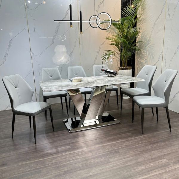 Bàn Ăn Mặt Đá Thạch Anh Vi Tinh Thế 6 Ghế Nhập Khẩu