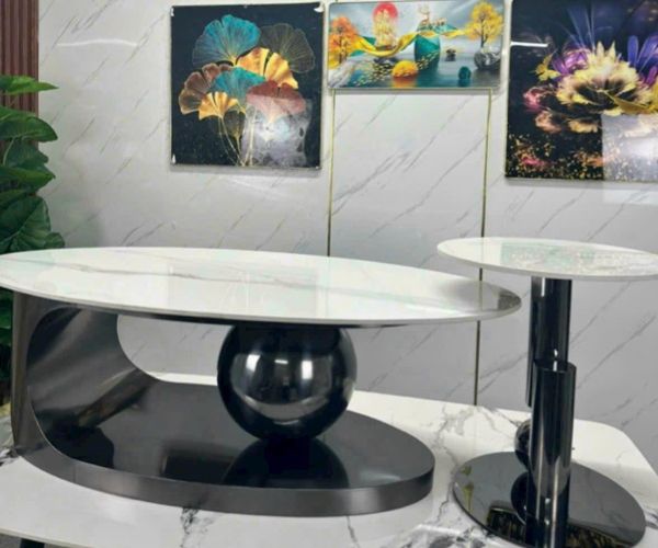 Bàn Trà Elip Đôi Mặt Đá Ceramic Chân Sắt Sơn Tĩnh Điện