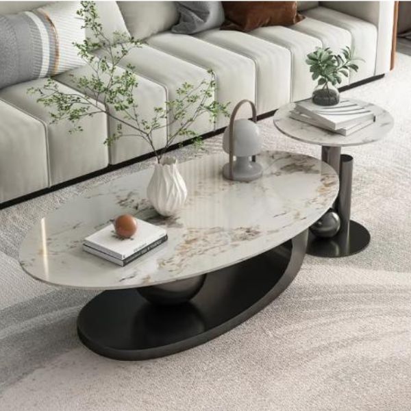Bàn Trà Elip Đôi Mặt Đá Ceramic Chân Sắt Sơn Tĩnh Điện