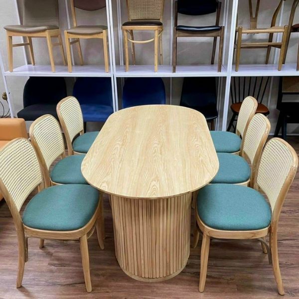 Bộ Bàn Ăn Gỗ Sồi 6 Ghế Thonet Tựa Mây