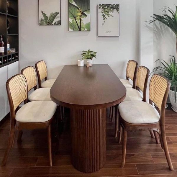 Bộ Bàn Ăn Gỗ Sồi 6 Ghế Thonet Tựa Mây