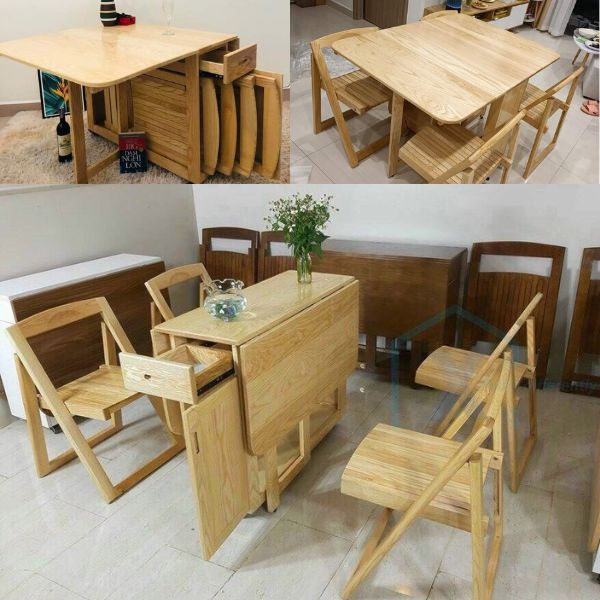 Bàn Ăn Gấp Gọn 4 Ghế Gỗ Sồi Có Đệm