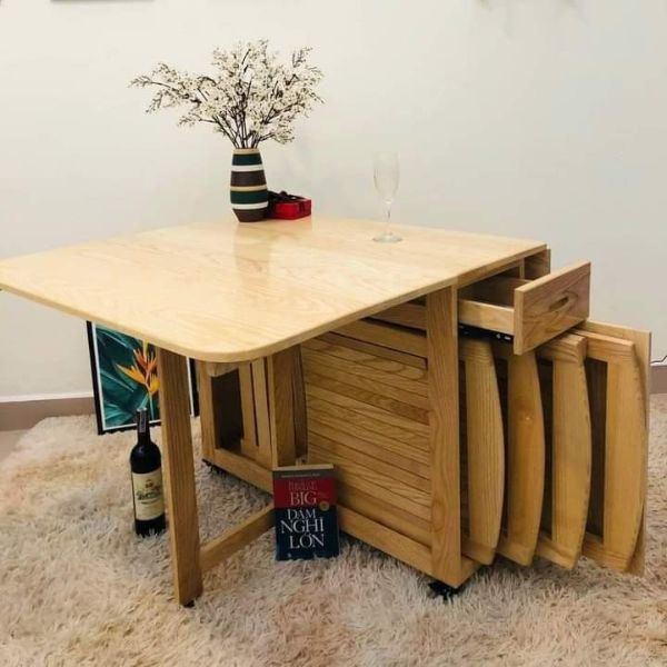 Bộ Bàn Ăn Thông Minh Gấp Gọn 4 Ghế Gỗ Sồi