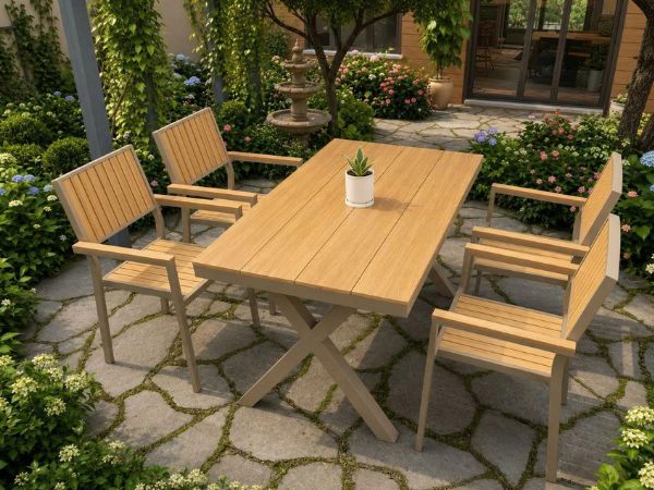 Bộ Bàn Ngoài Trời Nhôm Đúc Polywood Chân Chữ X 4 Ghế ND21