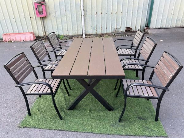Bộ Bàn Ngoài Trời Nhôm Đúc Polywood Dài 1m8 6 Ghế ND23