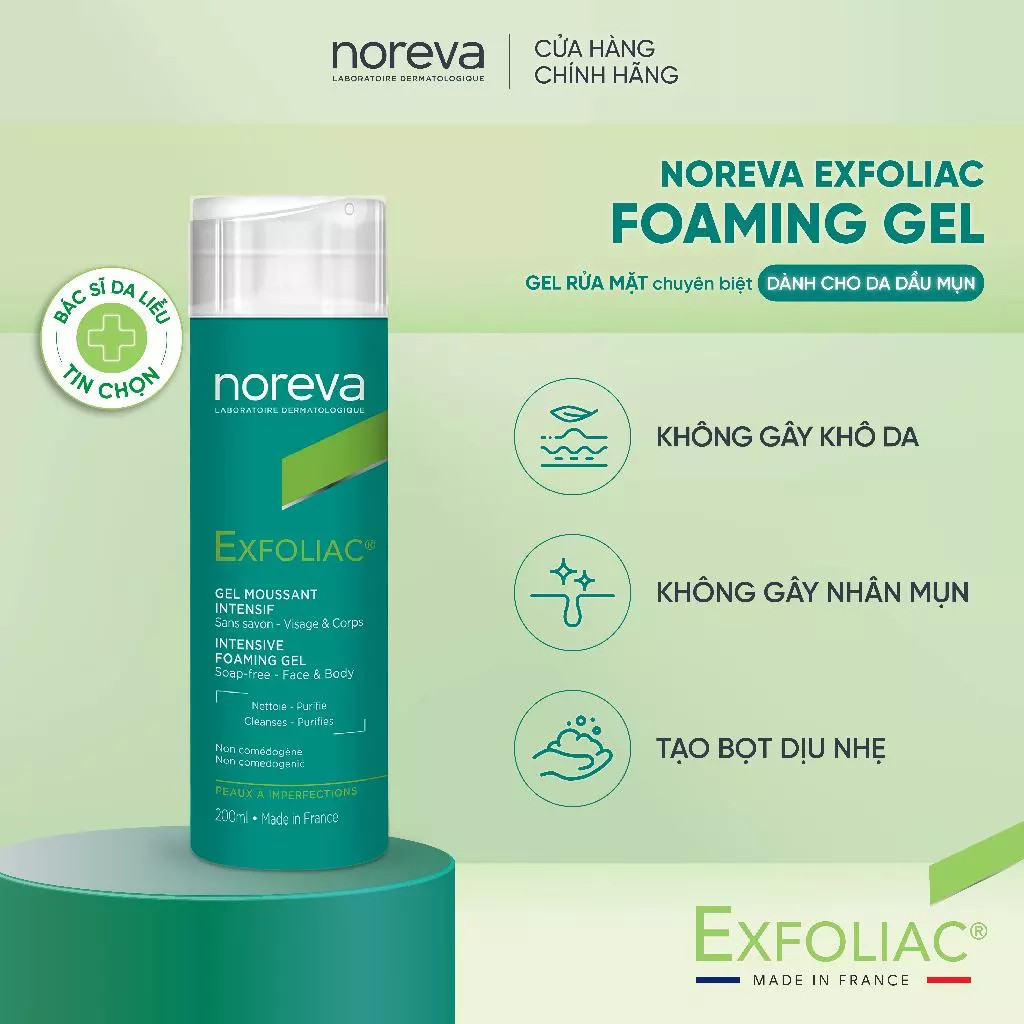 NOREVA sữa rửa mặt chuyên biệt cho da dầu mụn NOREVA EXFOLIAC INTENSIVE FOAMING GEL 200ML