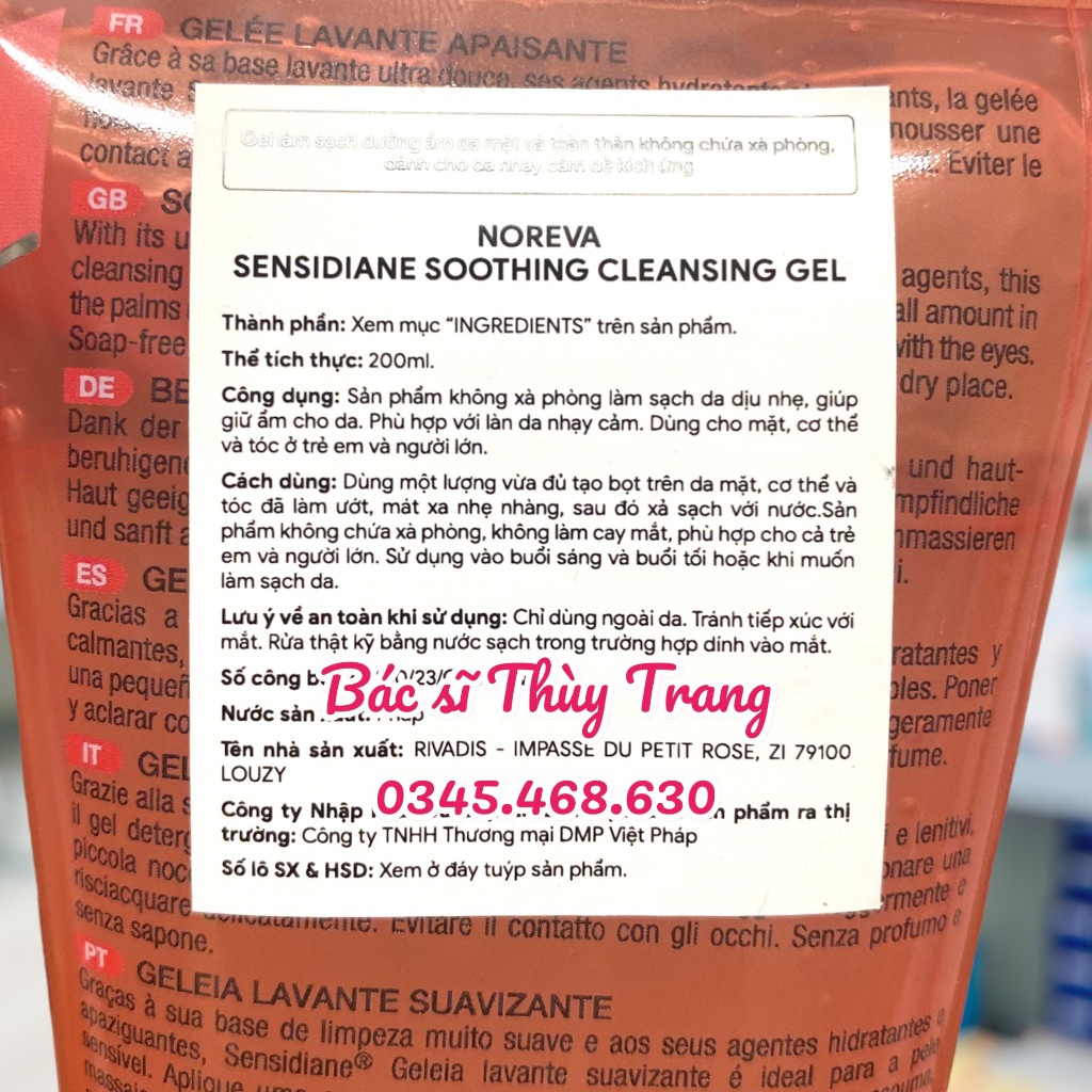 Gel rửa mặt dành cho da nhạy cảm NOREVA Sensidiane Soothing Cleansing Gel - 200ml