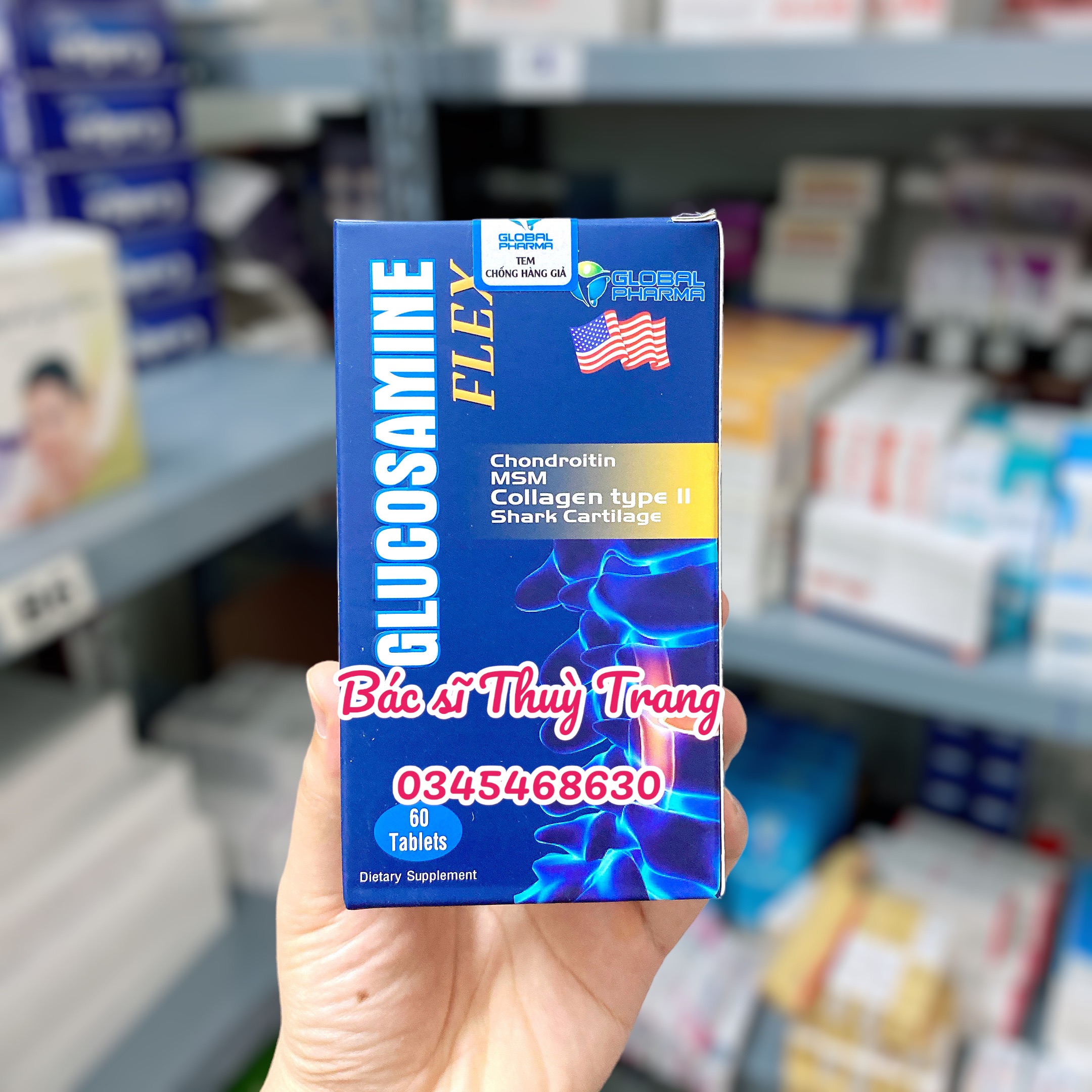 Viên uống giảm triệu chứng đau xương khớp, thoái hóa khớp, cột sống Glucosamine Flex - Hộp 60 viên - Glucosamine 1200mg, Chondroitin 200mg, MSM 500mg, Collagen Type 2 120mg, Vitamin D3 6,25mcg, Arginine 60mcg, Sorbitol 20mg
