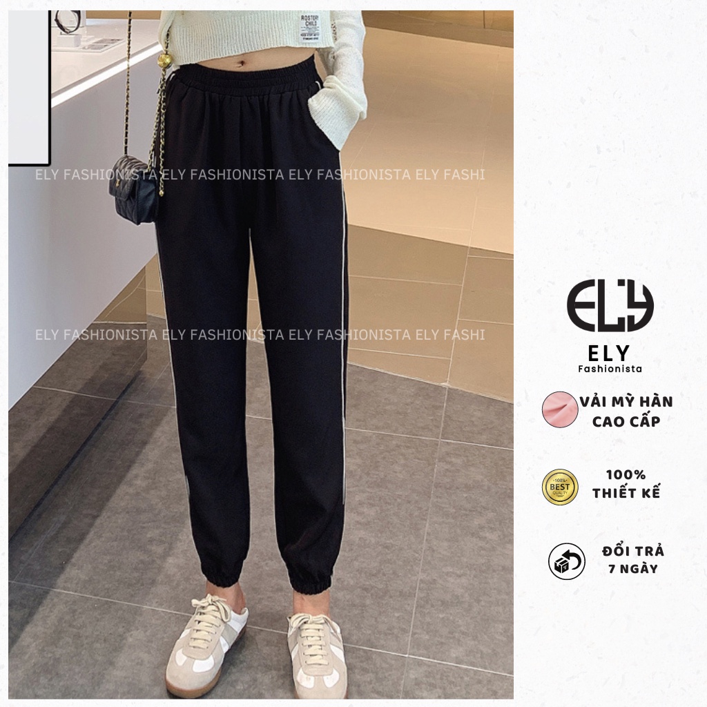 Quần jogger nữ trơn cạp chun chất Mỳ Hàn Cao Cấp ELY viền ly đứng dáng nổi bật phong cách thể thao ELY216