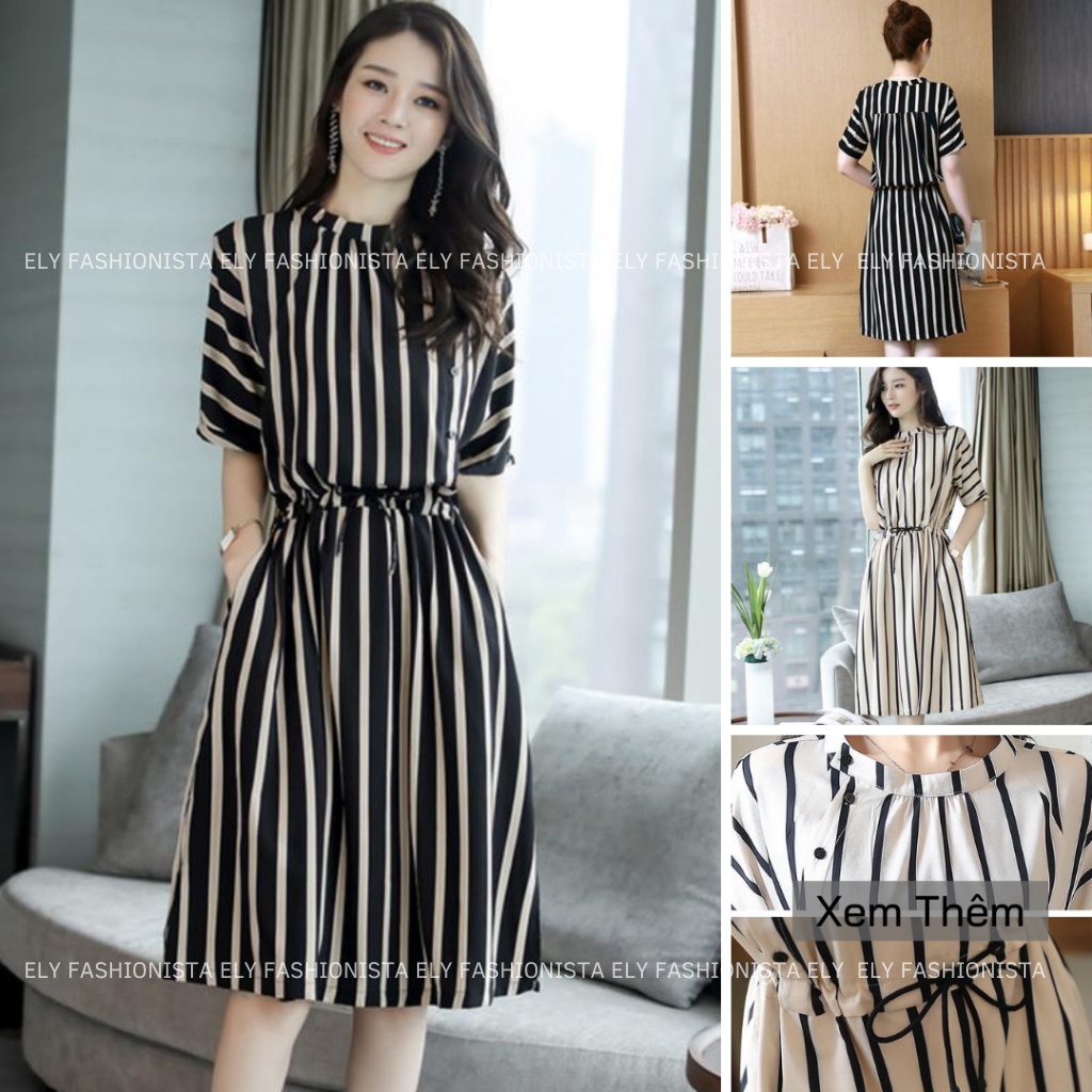 Váy kẻ nữ suông dáng dài tay cánh rơi eo rút Thiết Kế cao cấp phong cách hàn quốc cổ phối màu hiện đại ELY200