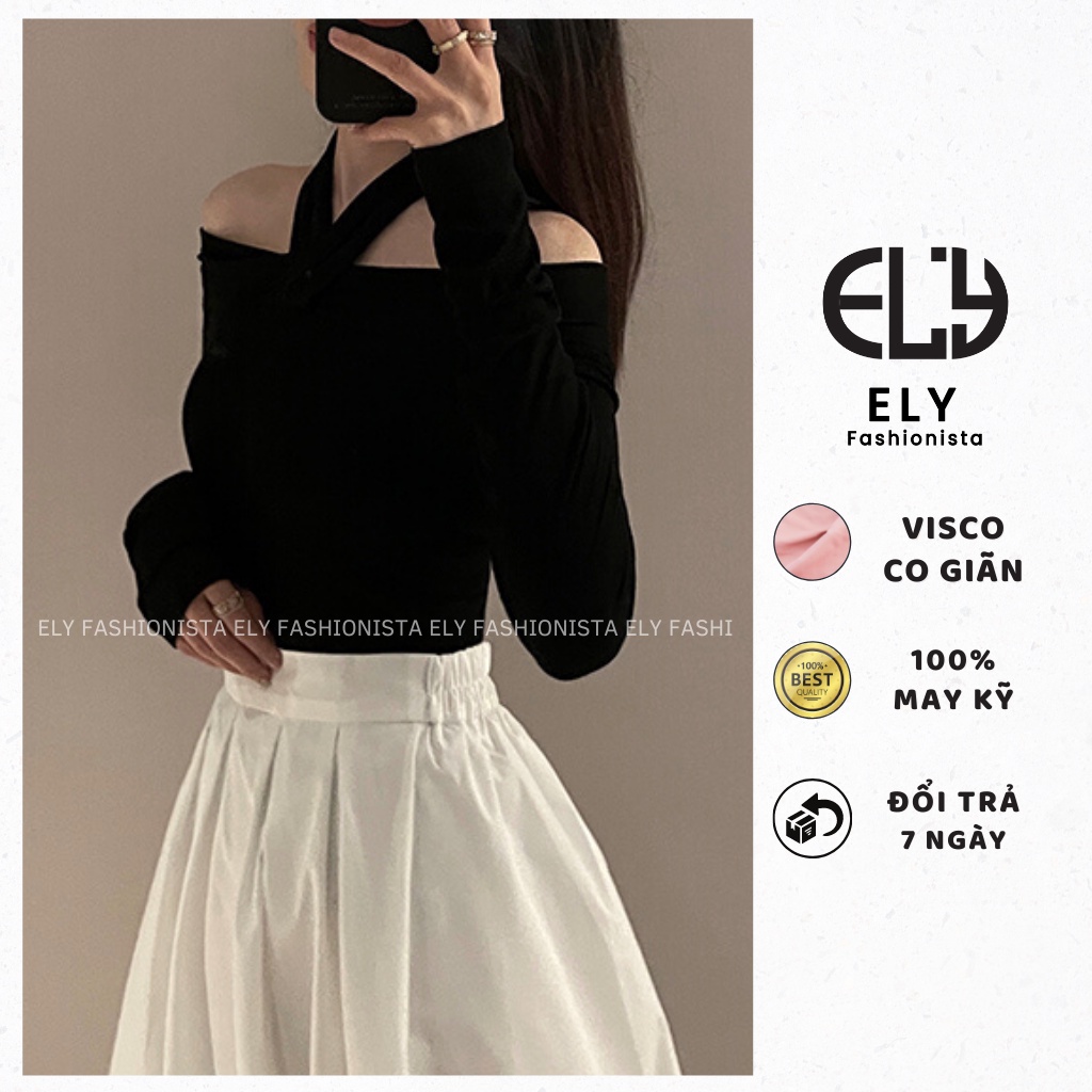 Áo thun nữ trễ vai tay dài chất  thun cotton dẻo cao cấp co giãn 4 chiều cách điệu áo phông nữ đi làm đi chơi  ELY105