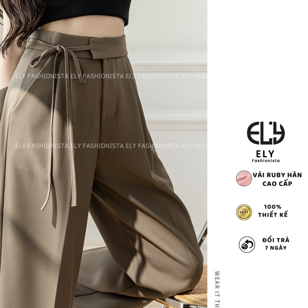 Quần ống rộng nữ lưng cao dáng suông culottes Chất Ruby hàn cao cấp phối dây buộc eo nhiều màu hot dễ kết hợp ELY100
