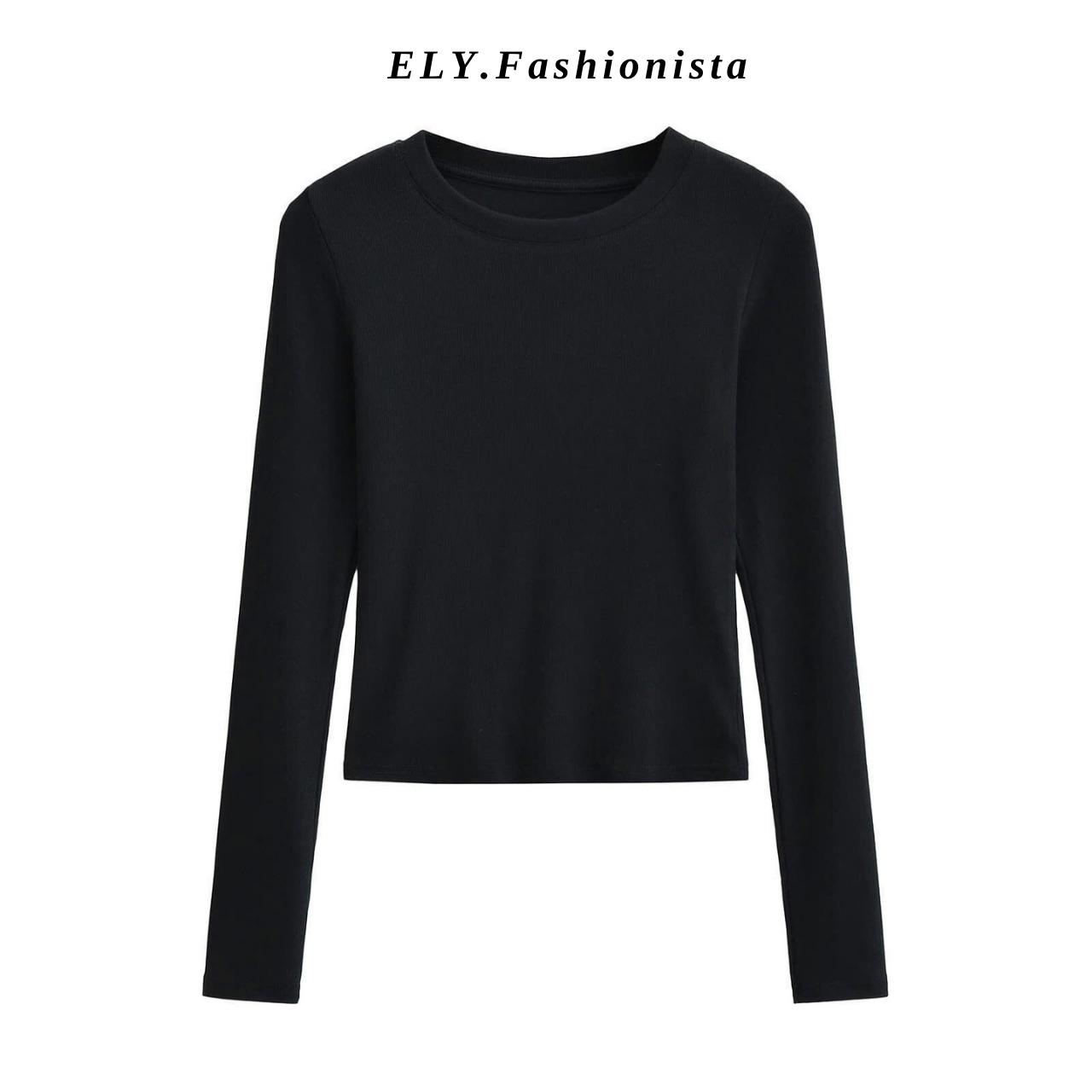 Áo croptop nữ tay dài cổ tròn vải thun coton co giãn 4 chiều kiểu basic dáng ôm body màu đen đẹp ELY278