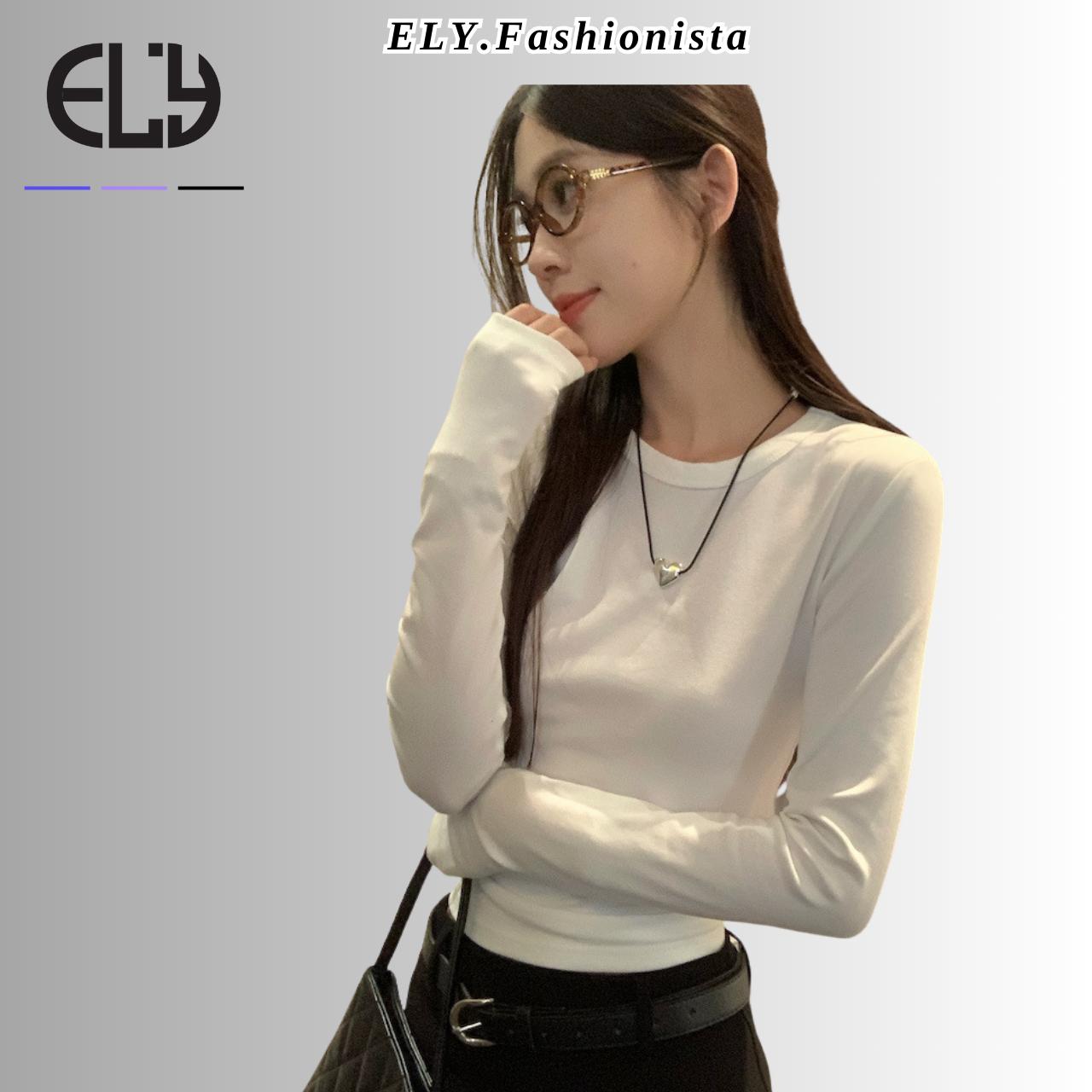 Áo croptop nữ tay dài cổ tròn vải thun coton co giãn 4 chiều kiểu basic dáng ôm body màu đen đẹp ELY278