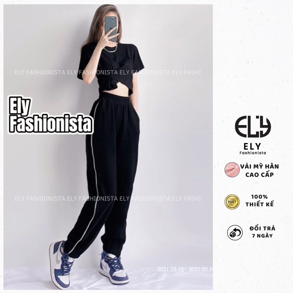 Quần jogger nữ trơn cạp chun chất Mỳ Hàn Cao Cấp ELY viền ly đứng dáng nổi bật phong cách thể thao ELY216