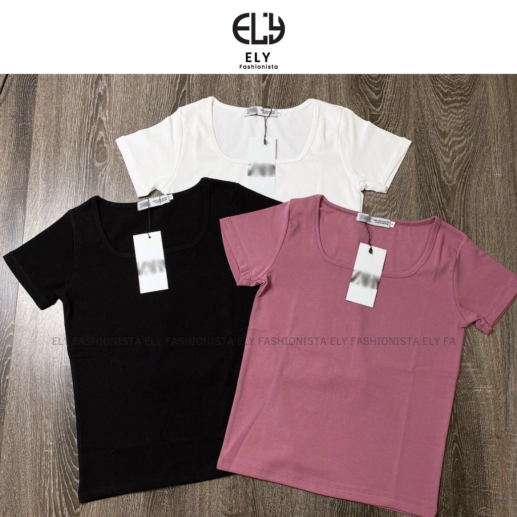 Áo phông nữ cổ vuông ngắn tay ôm sát body cotton thun trơn basic màu đen trắng ELY cao cấp  co giãn đi chơi đi làm ELY22