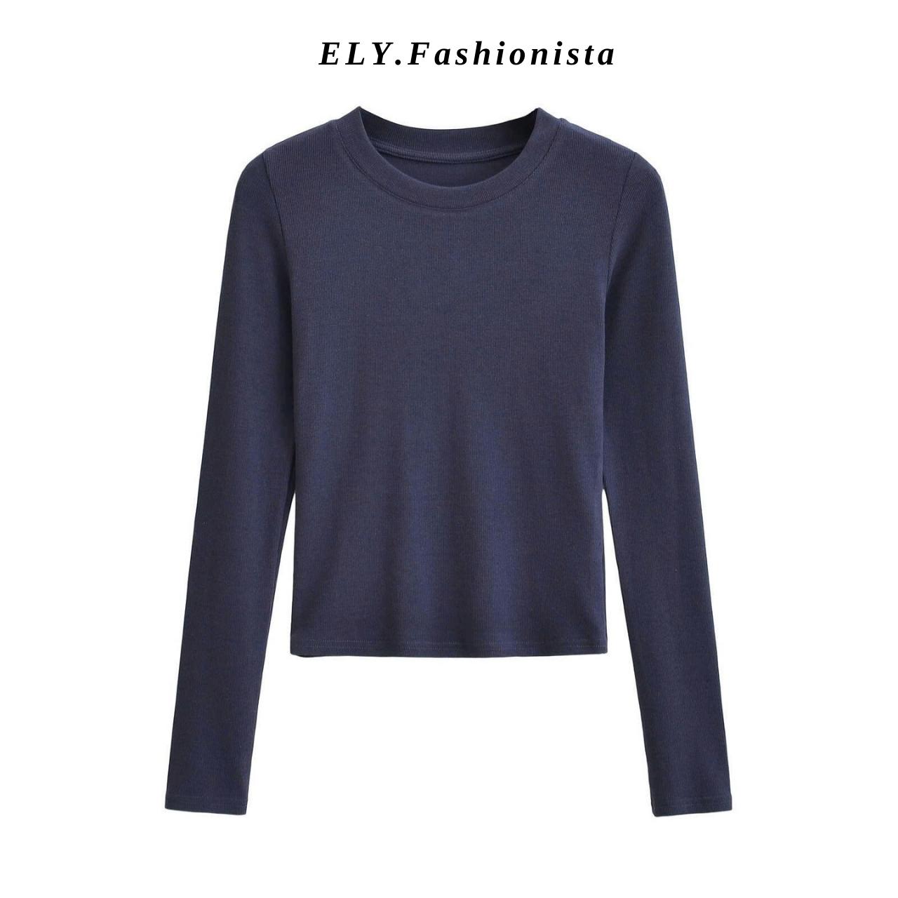 Áo croptop nữ tay dài cổ tròn vải thun coton co giãn 4 chiều kiểu basic dáng ôm body màu đen đẹp ELY278