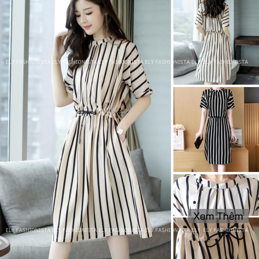 Váy kẻ nữ suông dáng dài tay cánh rơi eo rút Thiết Kế cao cấp phong cách hàn quốc cổ phối màu hiện đại ELY200