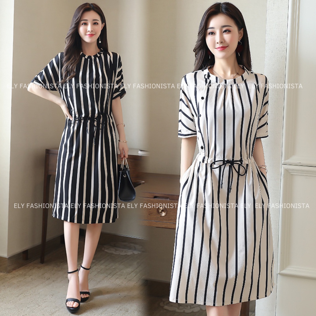Váy kẻ nữ suông dáng dài tay cánh rơi eo rút Thiết Kế cao cấp phong cách hàn quốc cổ phối màu hiện đại ELY200