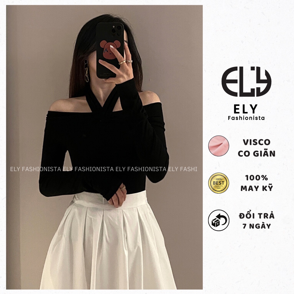 Áo thun nữ trễ vai tay dài chất  thun cotton dẻo cao cấp co giãn 4 chiều cách điệu áo phông nữ đi làm đi chơi  ELY105