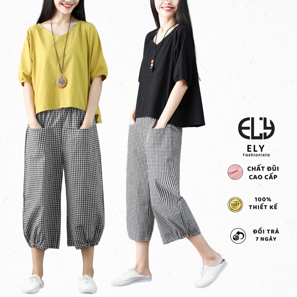 Sét đồ bộ nữ Bomber caro mặc nhà áo chất thô đũi tay lỡ quần kẻ caro chất thô  cao cấp ống suông năng động  ELY003