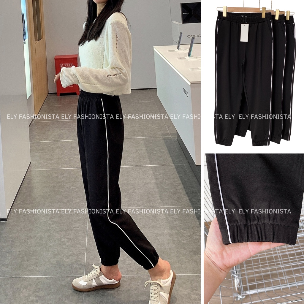 Quần jogger nữ trơn cạp chun chất Mỳ Hàn Cao Cấp ELY viền ly đứng dáng nổi bật phong cách thể thao ELY216
