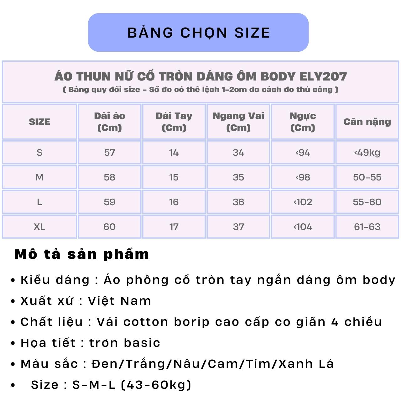 Áo phông nữ cổ tròn tay ngắn ôm body kiểu basic vải thun cotton borip cao cấp co giãn 4c không bai nhão trắng đen ELY207
