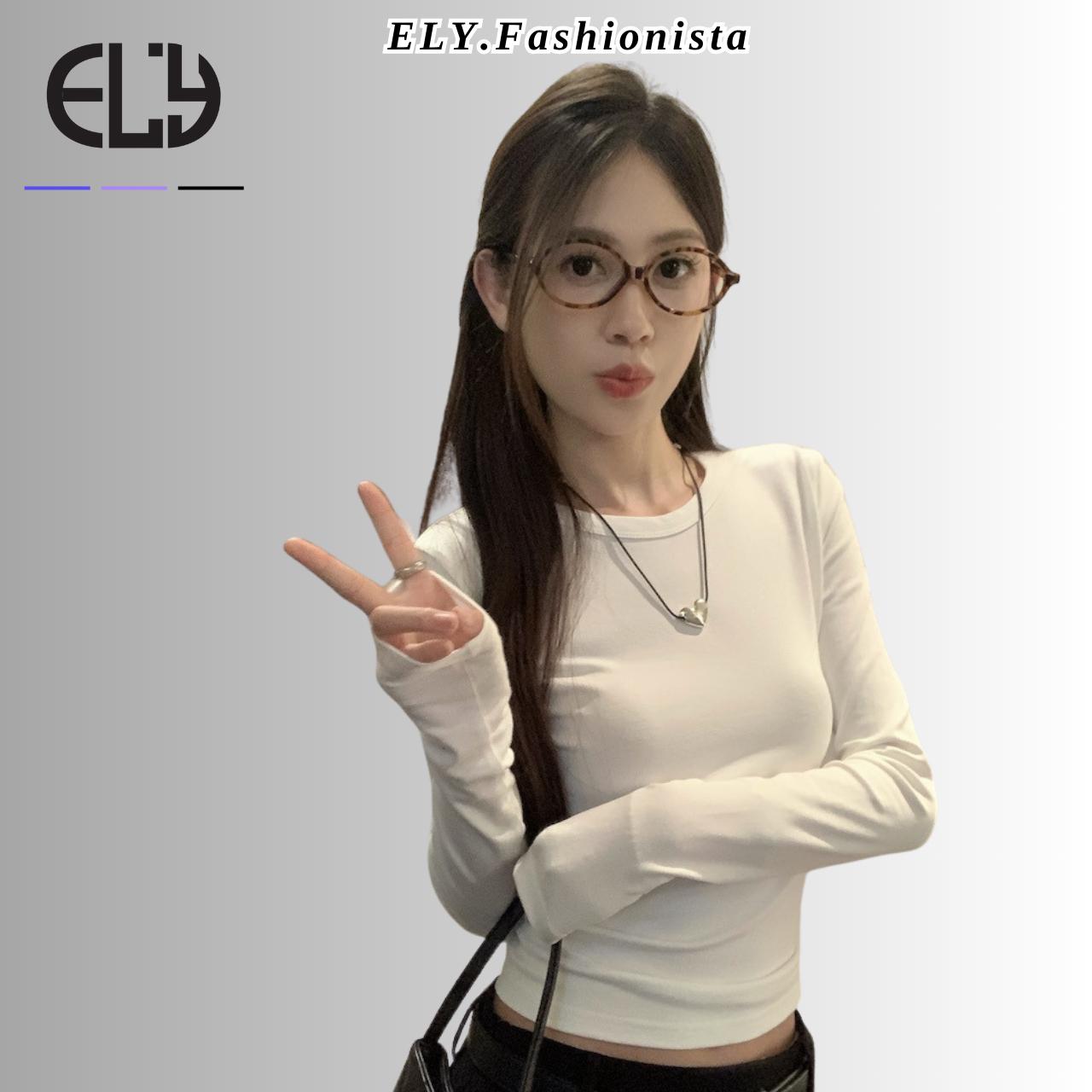 Áo croptop nữ tay dài cổ tròn vải thun coton co giãn 4 chiều kiểu basic dáng ôm body màu đen đẹp ELY278