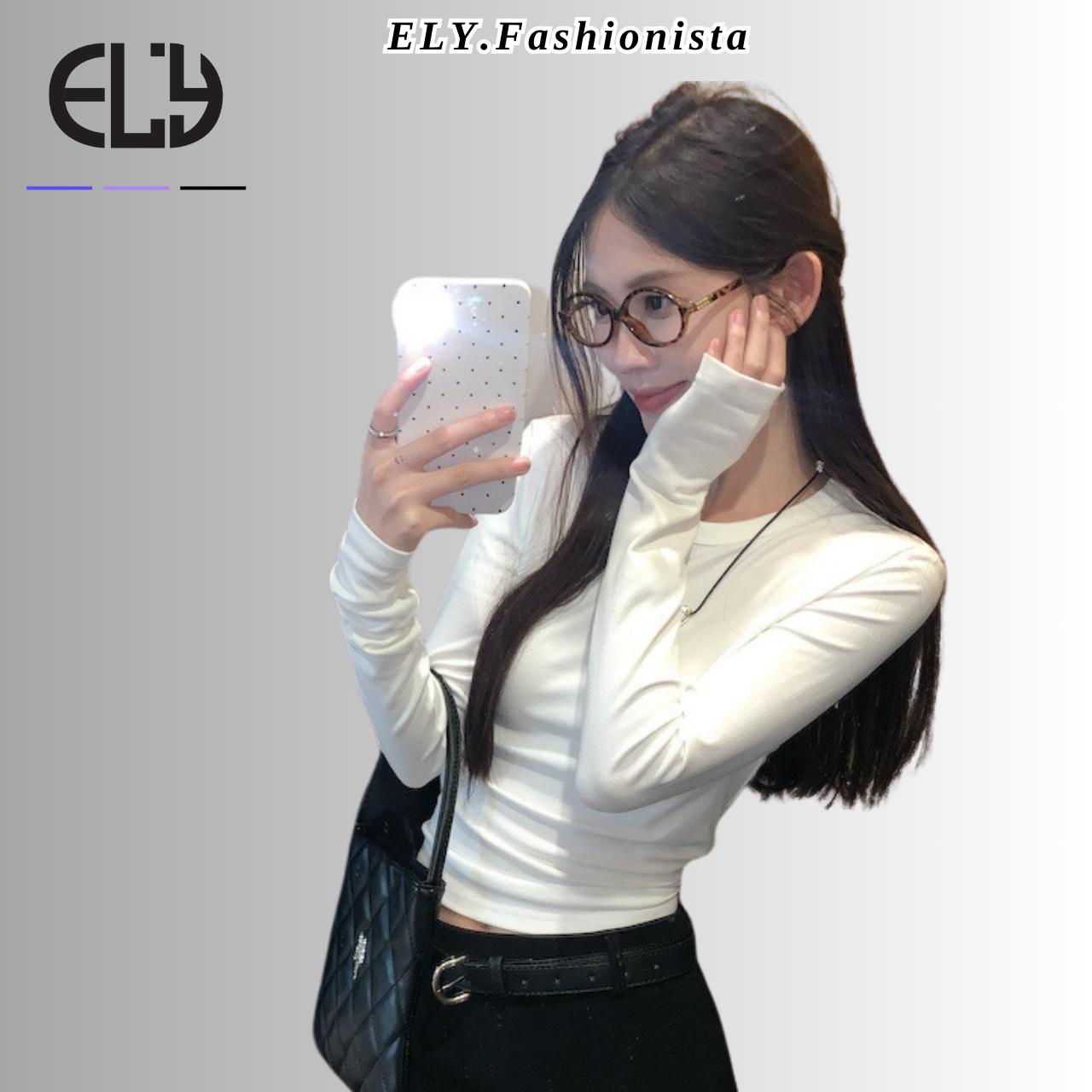 Áo croptop nữ tay dài cổ tròn vải thun coton co giãn 4 chiều kiểu basic dáng ôm body màu đen đẹp ELY278
