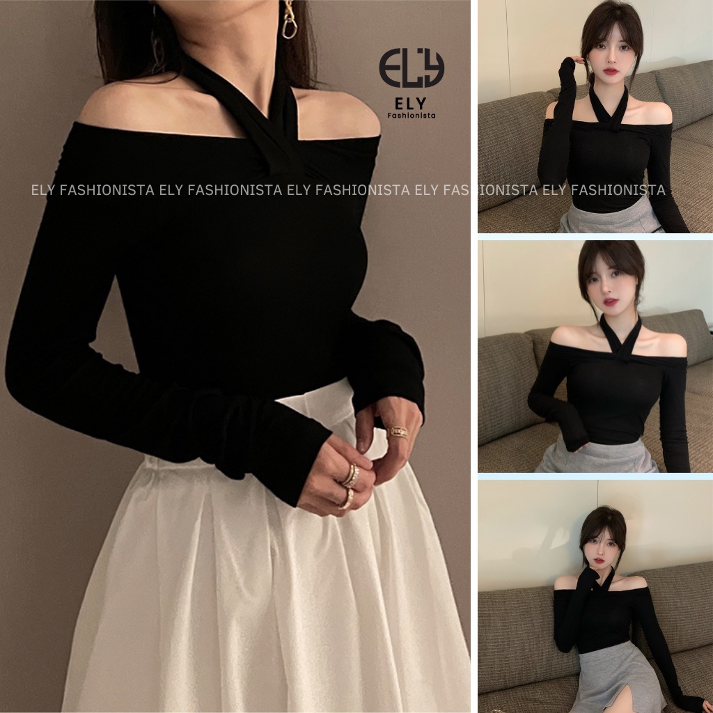 Áo thun nữ trễ vai tay dài chất  thun cotton dẻo cao cấp co giãn 4 chiều cách điệu áo phông nữ đi làm đi chơi  ELY105