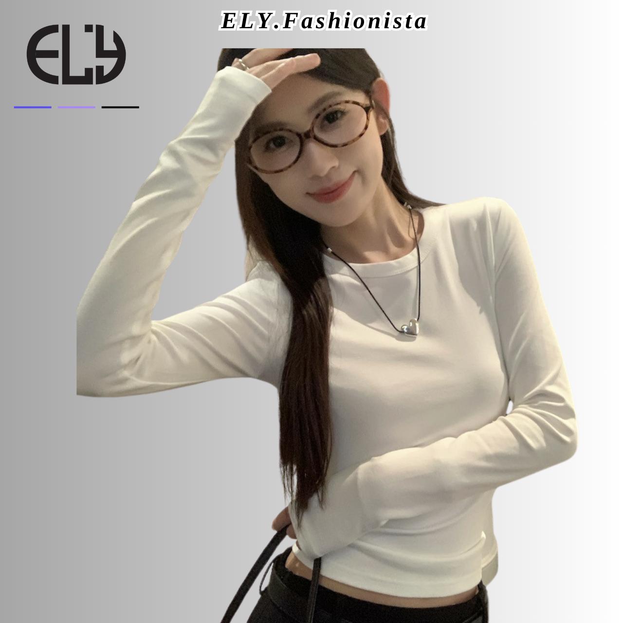 Áo croptop nữ tay dài cổ tròn vải thun coton co giãn 4 chiều kiểu basic dáng ôm body màu đen đẹp ELY278