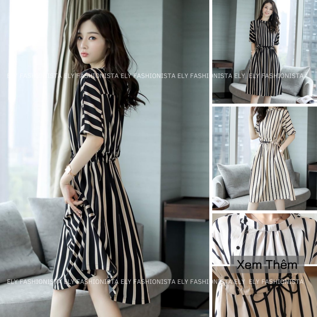Váy kẻ nữ suông dáng dài tay cánh rơi eo rút Thiết Kế cao cấp phong cách hàn quốc cổ phối màu hiện đại ELY200
