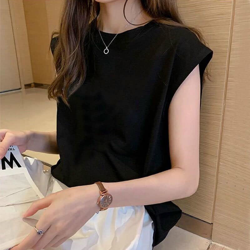 Áo phông nữ cổ tròn cotton tay hến sát nách phong cách hàn quốc from rộng ba lỗ thun trơn basic ELY210.
