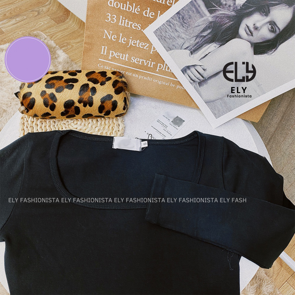 Áo croptop tay dài cổ vuông thun ôm body crotop nữ vải cotton borip co giãn tốt ELY204