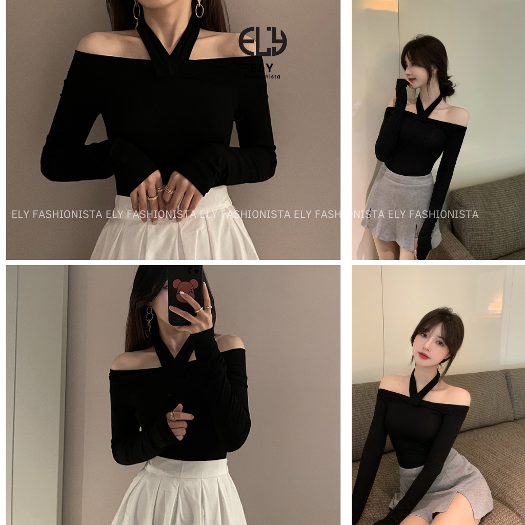 Áo thun nữ trễ vai tay dài chất  thun cotton dẻo cao cấp co giãn 4 chiều cách điệu áo phông nữ đi làm đi chơi  ELY105