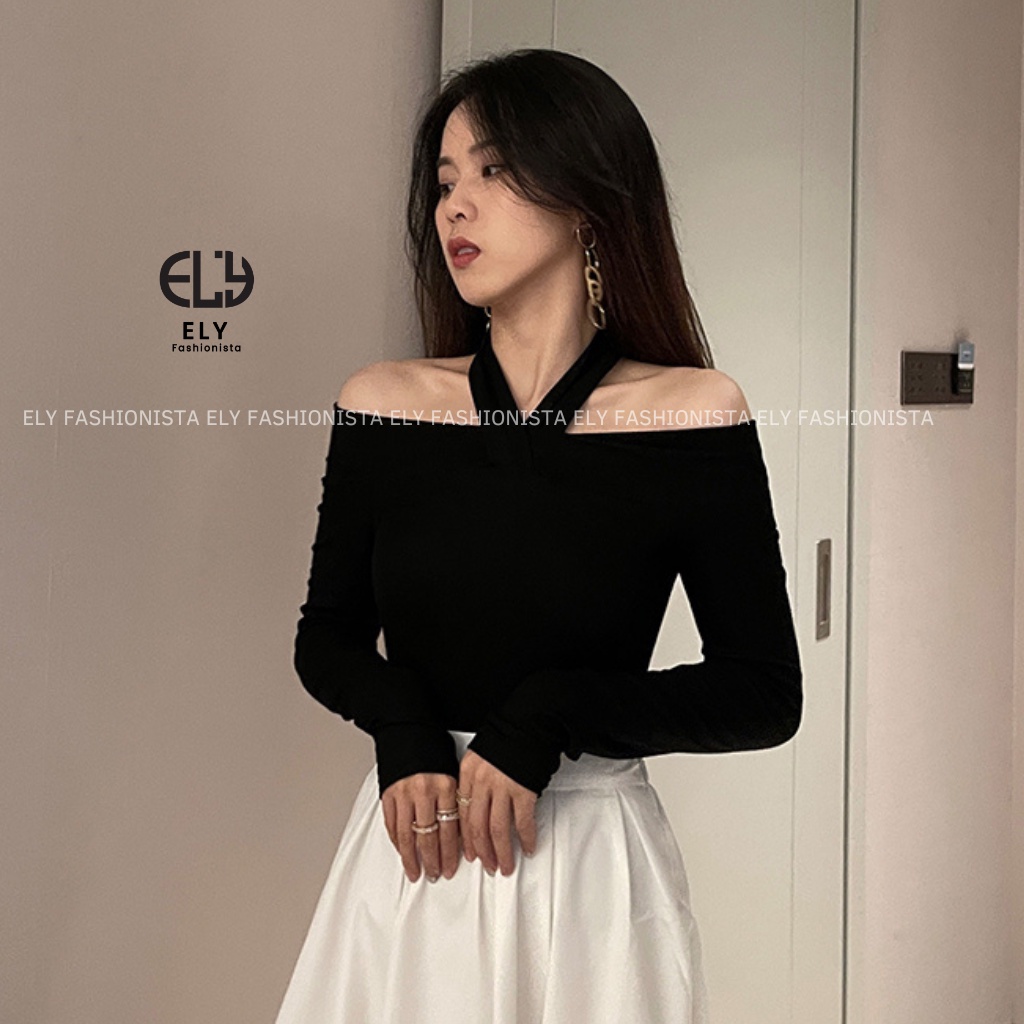 Áo thun nữ trễ vai tay dài chất  thun cotton dẻo cao cấp co giãn 4 chiều cách điệu áo phông nữ đi làm đi chơi  ELY105