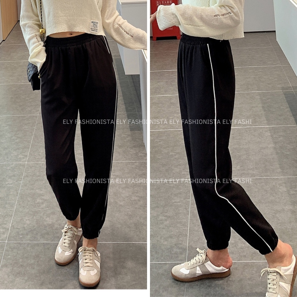 Quần jogger nữ trơn cạp chun chất Mỳ Hàn Cao Cấp ELY viền ly đứng dáng nổi bật phong cách thể thao ELY216