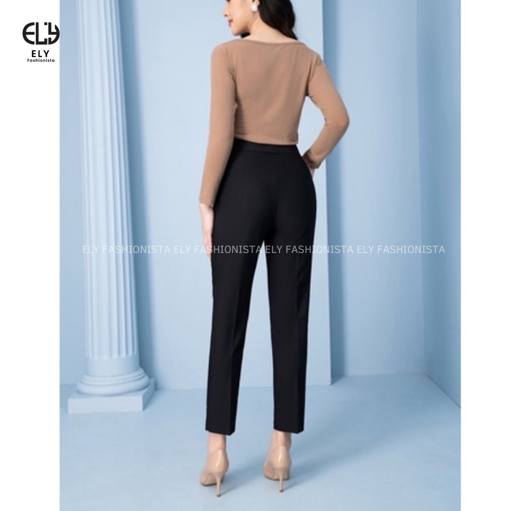 Quần tây nữ lưng cao công sở Ely fashion đai vuông kiểu quần baggy form đẹp màu đen đi học đi làm ELY259