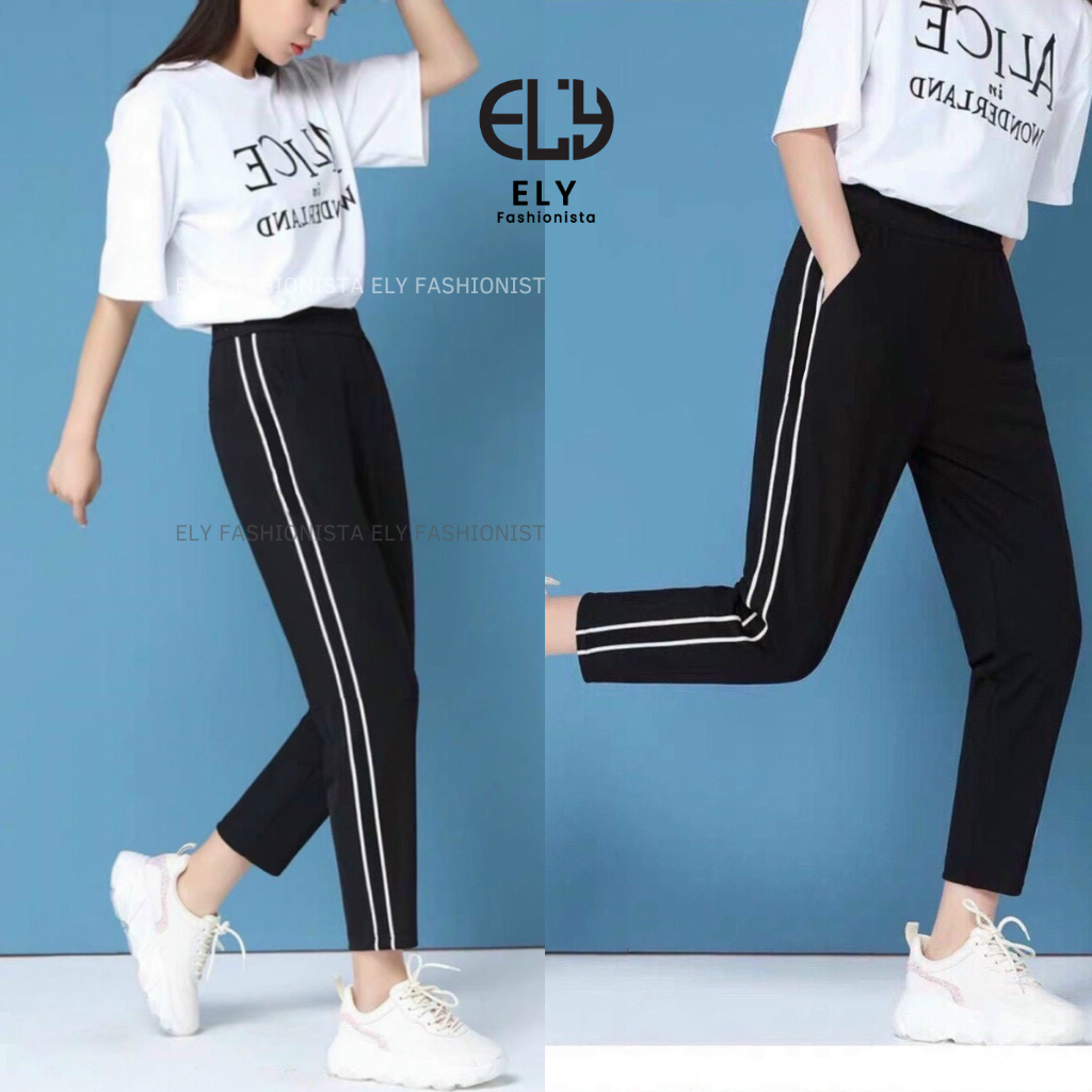 Quần jogger nữ 2 sọc cao cấp, quần thể thao nữ dây rút màu đen chất vải Mỳ Hàn đẹp cạp chun năng động ELY236