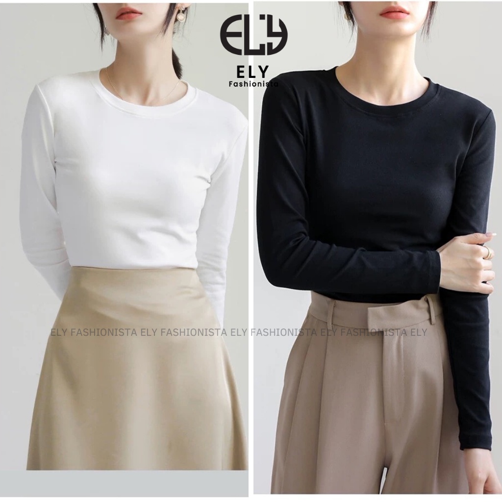Áo phông nữ ELY dài tay dáng ôm body thun cotton trơn HÀNG DÀY CAO CẤP cổ tròn màu đen trắng nâu xanh ELY235