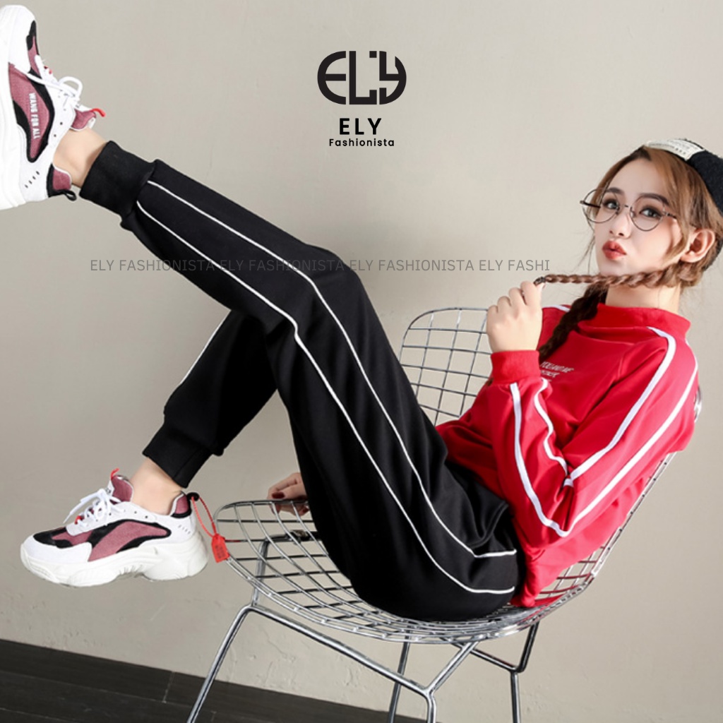 Quần jogger nữ ELY bo gấu 2 sọc cao cấp, quần thể thao nữ dây rút màu đen chất vải Mỳ Hàn đẹp cạp chun năng động ELY237
