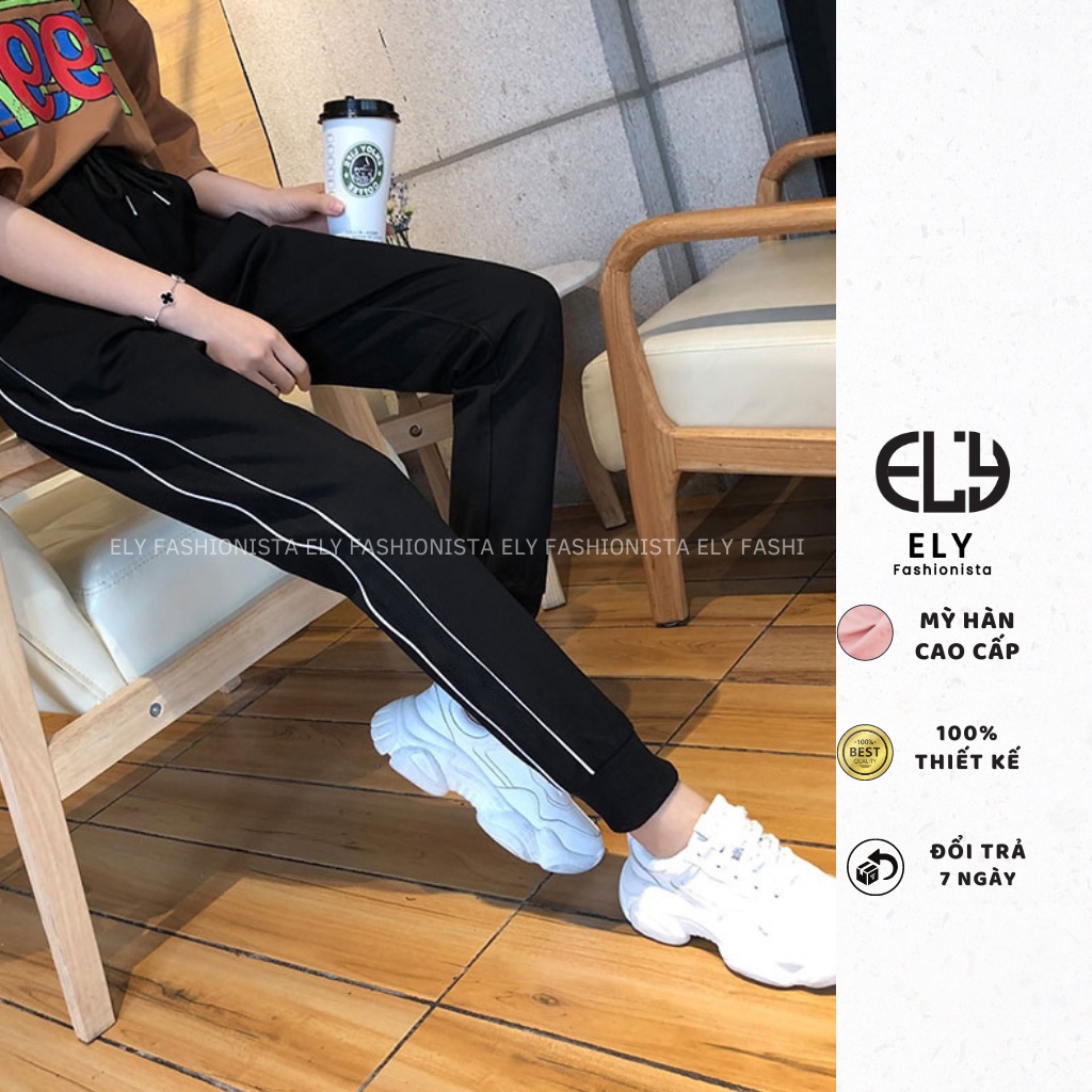 Quần jogger nữ ELY bo gấu 2 sọc cao cấp, quần thể thao nữ dây rút màu đen chất vải Mỳ Hàn đẹp cạp chun năng động ELY237