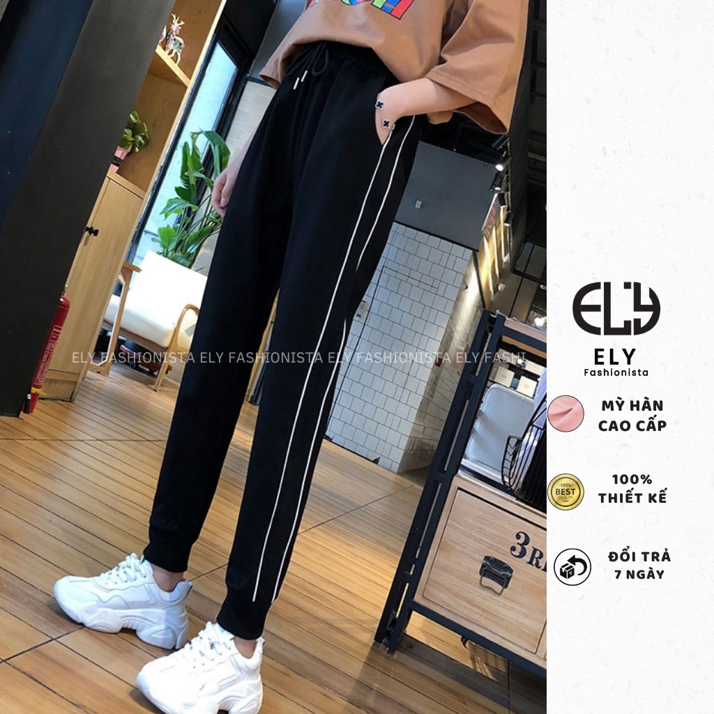 Quần jogger nữ ELY bo gấu 2 sọc cao cấp, quần thể thao nữ dây rút màu đen chất vải Mỳ Hàn đẹp cạp chun năng động ELY237